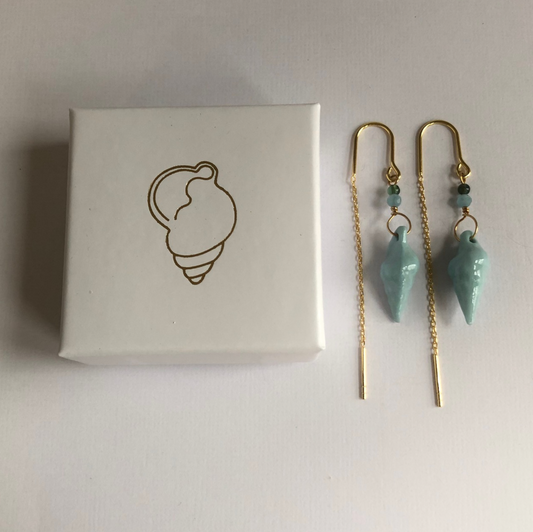 Earrings with handmade porcelain conch shells and stone beads
