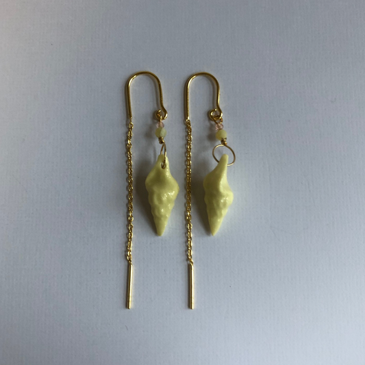 Earrings with handmade porcelain conch shells and stone beads