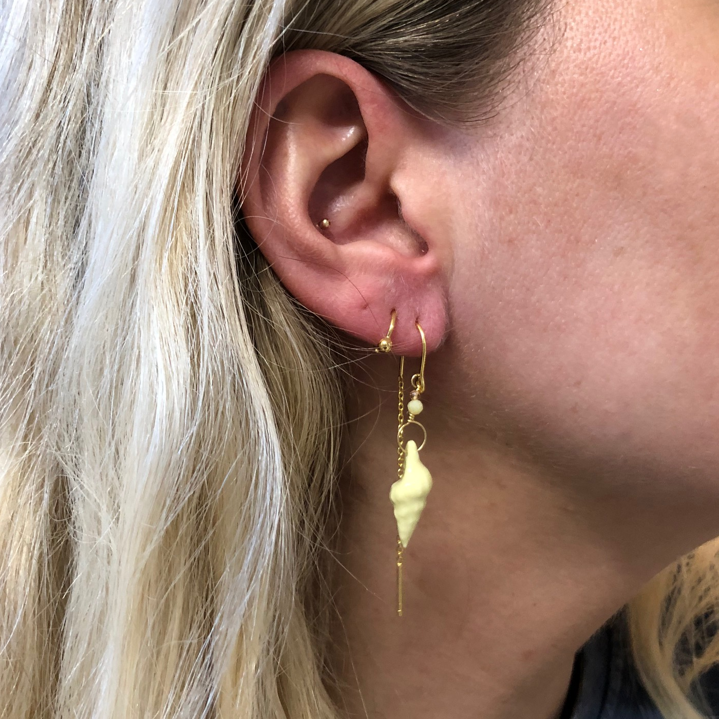 Earrings with handmade porcelain conch shells and stone beads