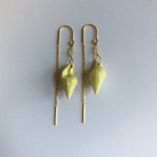 Earrings with handmade porcelain conch shells and stone beads