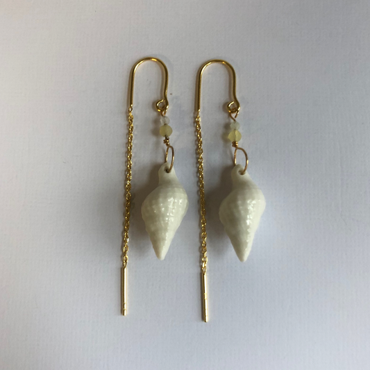 Earrings with handmade porcelain conch shells and stone beads