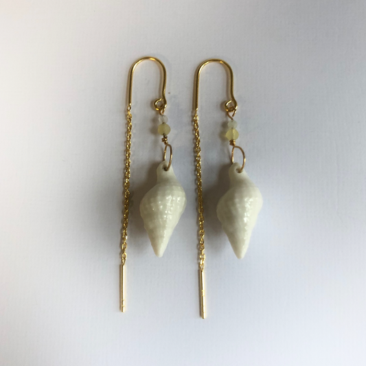 Earrings with handmade porcelain conch shells and stone beads