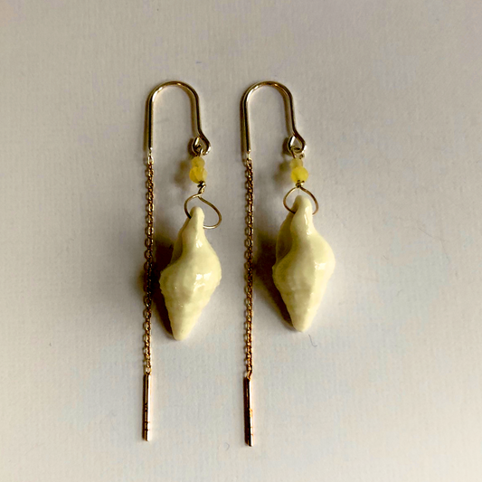 Earrings with handmade porcelain conch shells and stone beads
