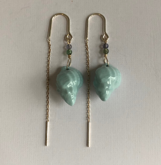 Earrings with handmade porcelain conch shells and stone beads