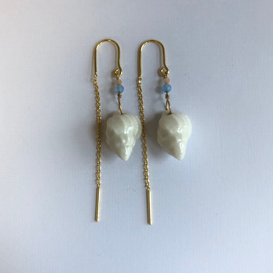 Earrings with handmade porcelain conch shells and stone beads