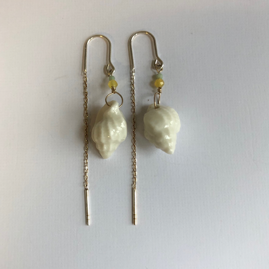Earrings with handmade porcelain conch shells and stone beads