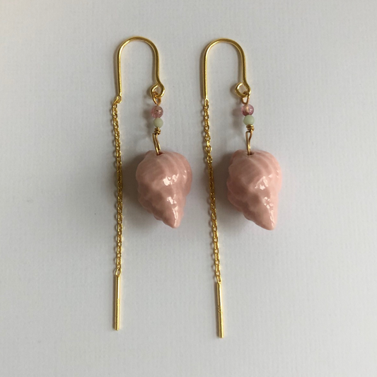 Earrings with handmade porcelain conch shells and stone beads